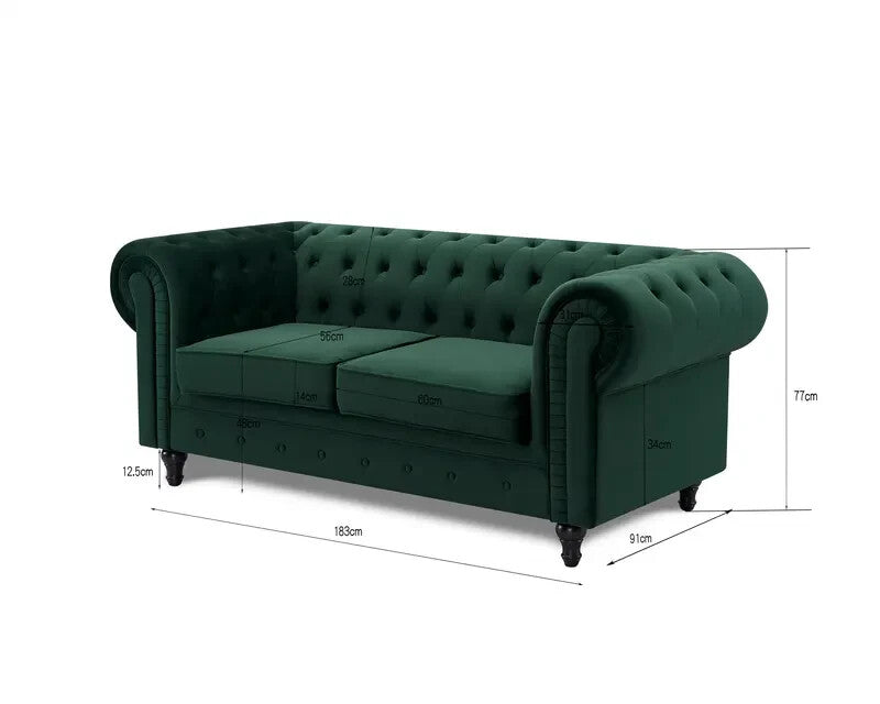 Green Velvet Chesterfield Sofa 2 Seater Tufted Scroll Arm Wood Legs UK
