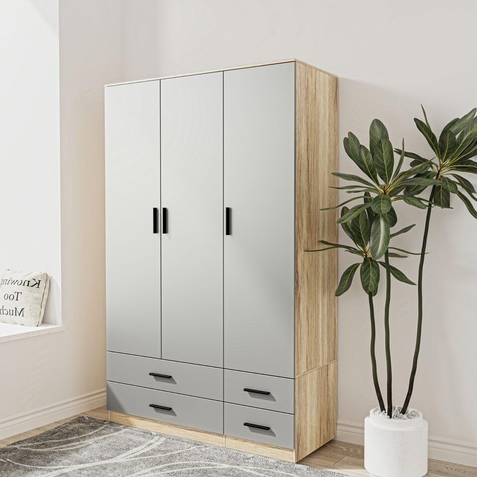 Oak & Grey 3 Door Wardrobe with 4 Drawers, Modern Bedroom Storage Unit