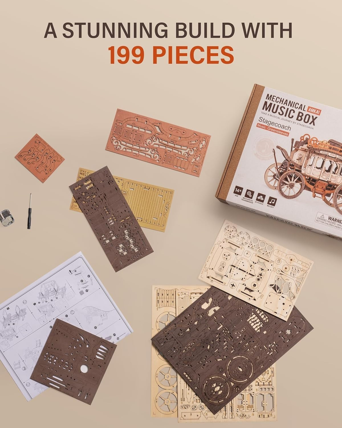 3D Wooden Stagecoach Puzzle Music Box Model Kit with Mechanical Craft