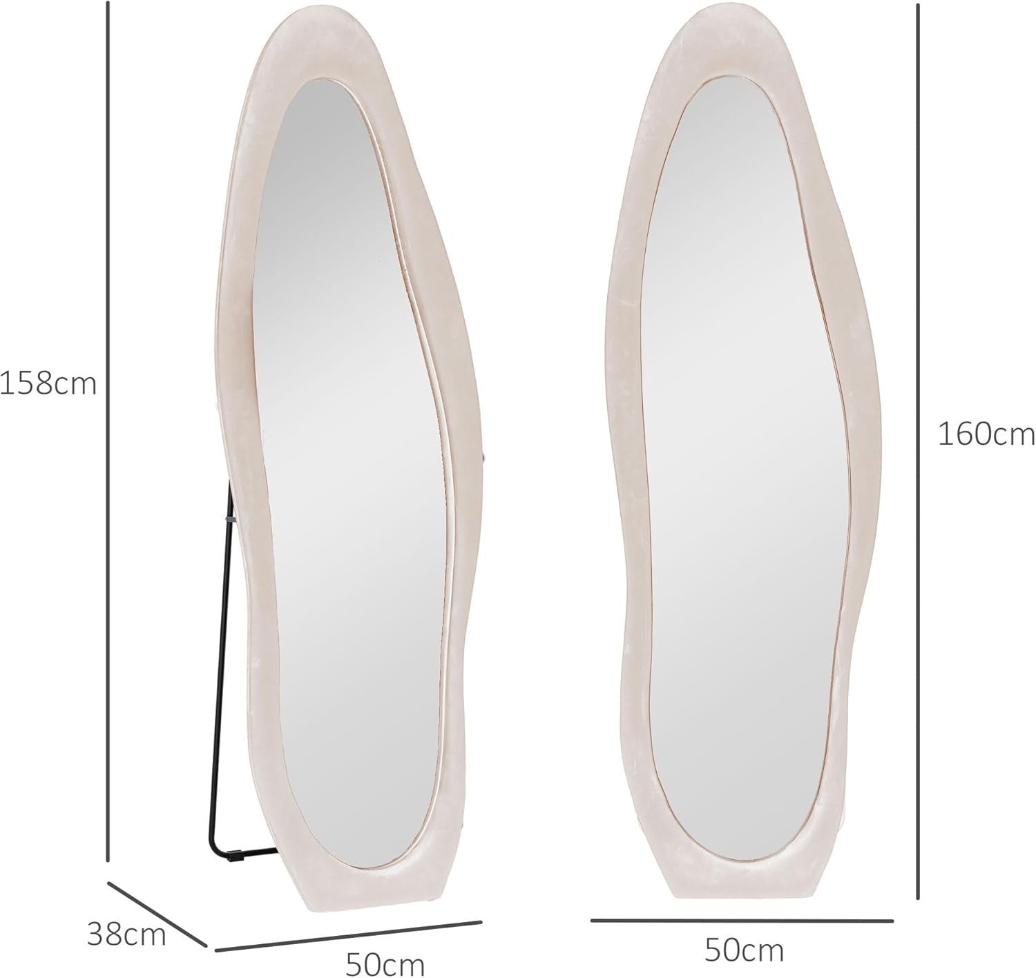 Irregular Wavy Full-Length Floor Mirror 160x50cm Velvet Frame Pink
