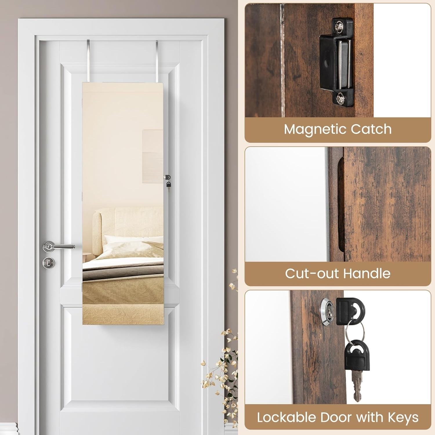 Rustic Brown Wall Door Jewelry Armoire Lockable Full Length Mirror