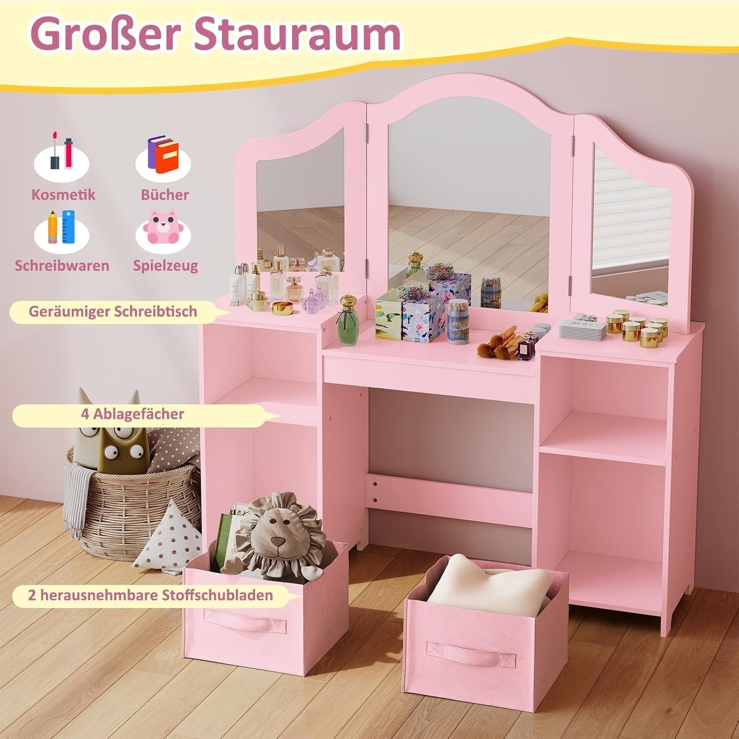 Kids Vanity Table & Chair Set w/ Mirror & Storage – Pink Makeup Desk for Girls
