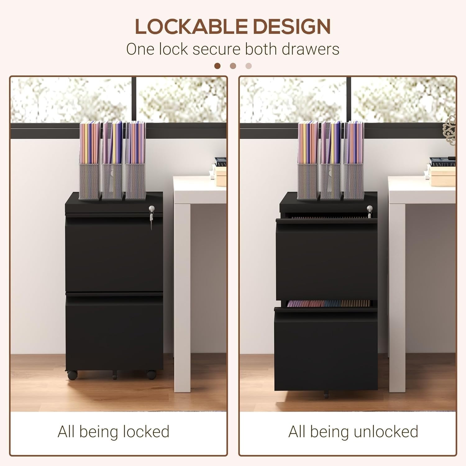 2 Drawer Mobile Filing Cabinet Lockable Steel A4 Letter Office Storage Black