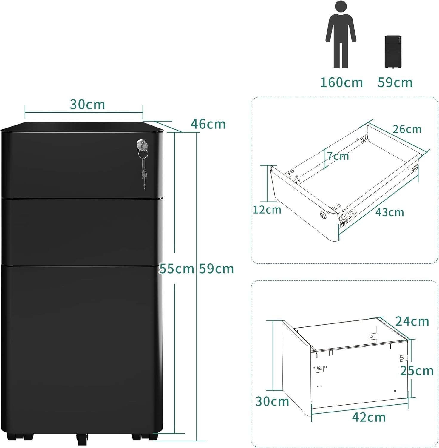 3 Drawer Mobile Filing Cabinet Lockable Steel A4 Letter Under Desk Black