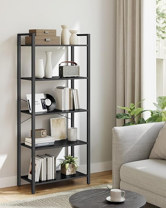 5-Tier Industrial Bookshelf Ebony Black Metal Wood Storage Shelving Unit