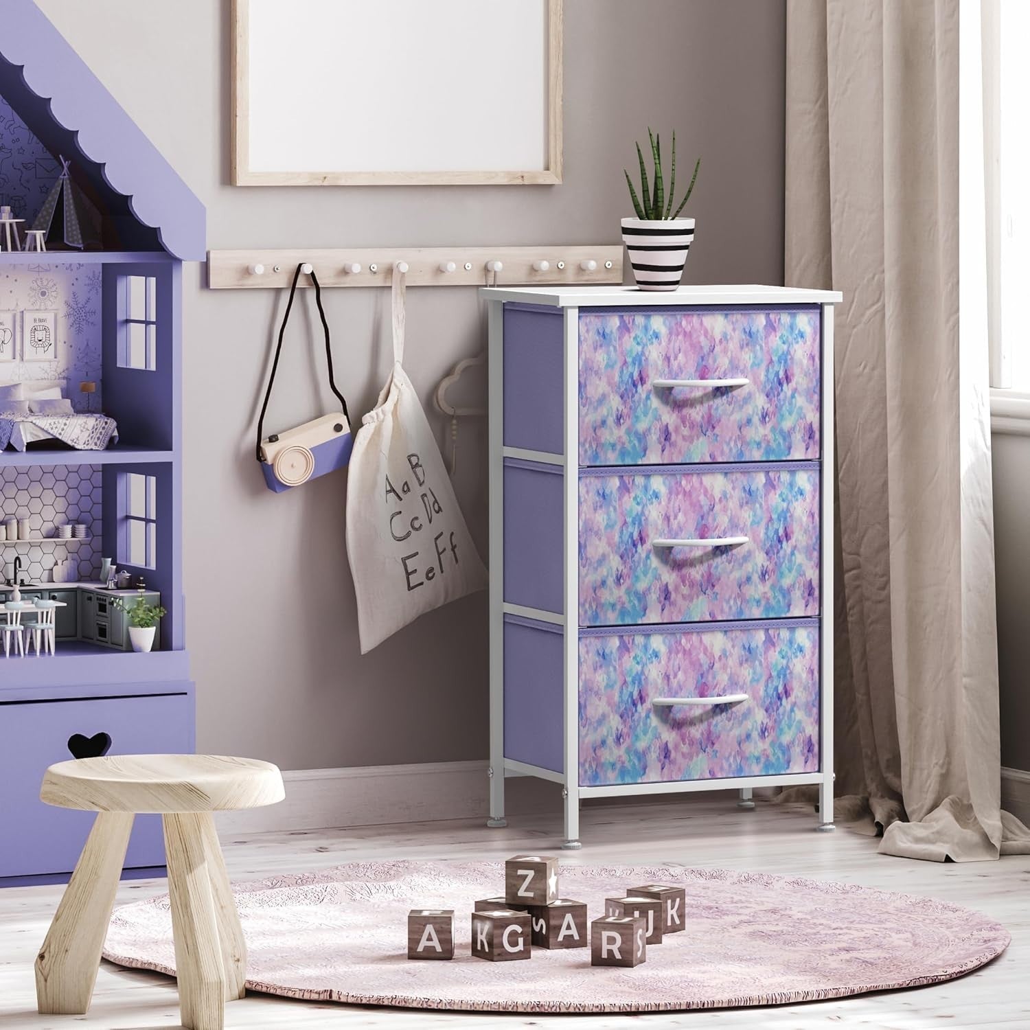 Kids 3-Drawer Storage Nightstand Fabric Dresser Chest w/ Wood Top Purple Tie-Dye