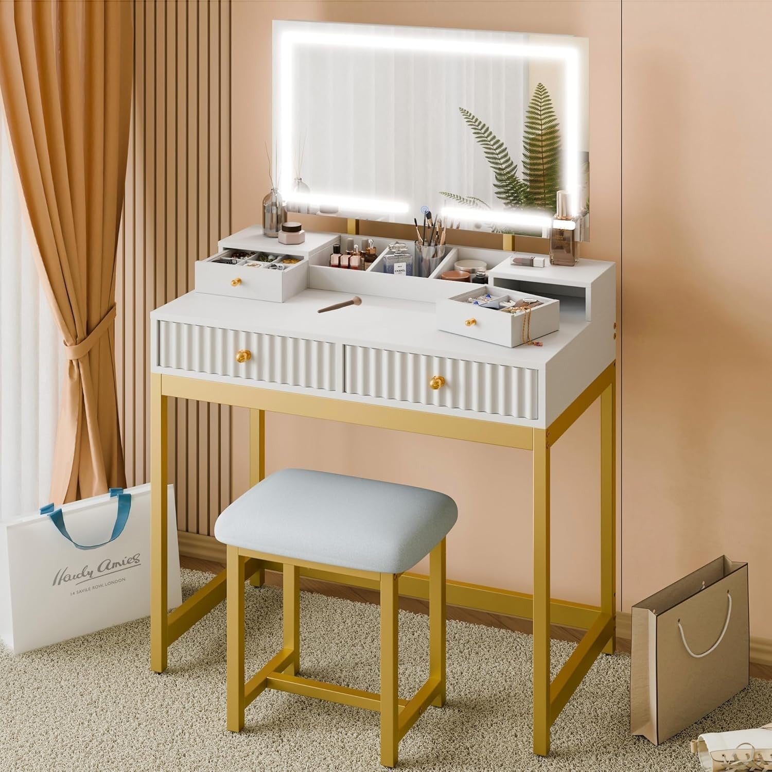 White Gold Makeup Vanity Table Set 4 Drawer LED Mirror Dresser Storage Desk