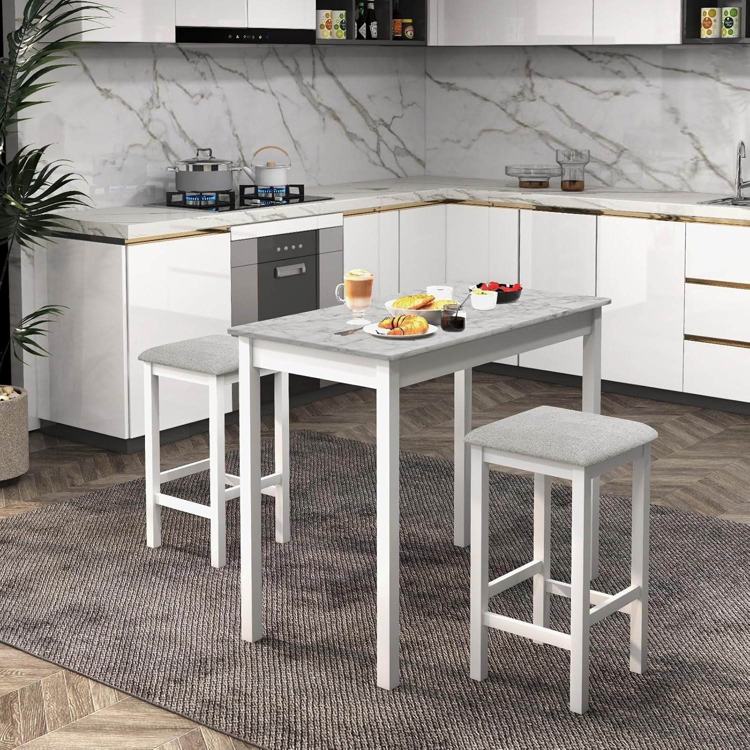 3-Piece Bar Table Set with 2 Stools, Compact Breakfast Bar with Cushioned Seats