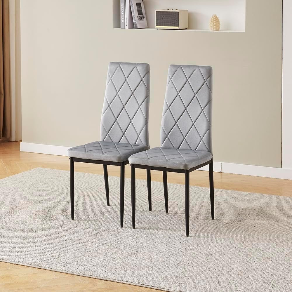 Round Glass Dining Table Set with 4 Grey Velvet Chairs - Compact & Modern