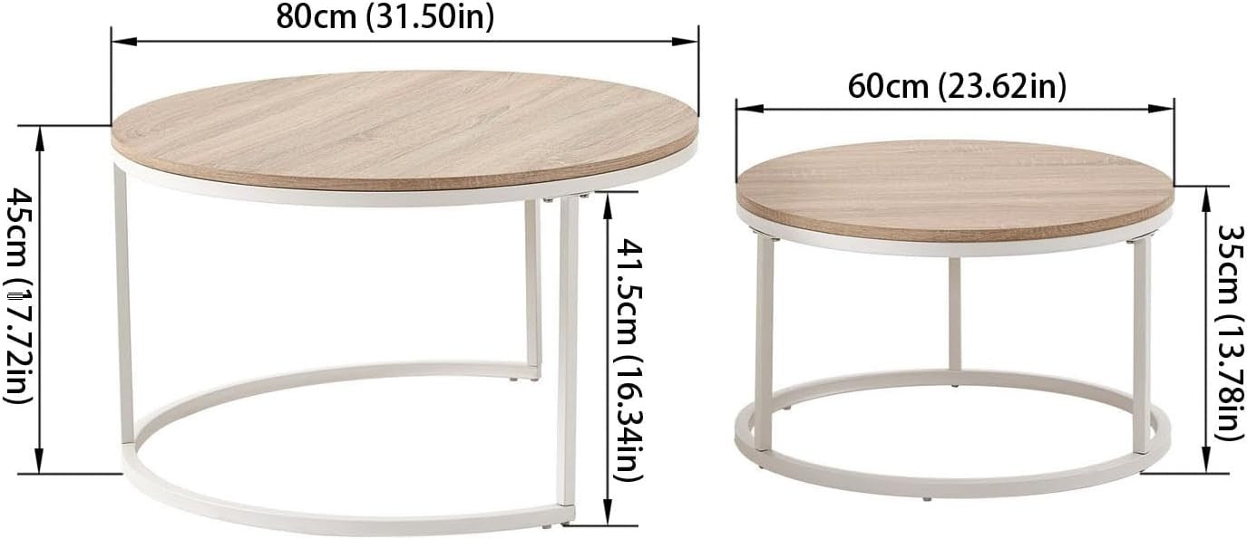 Space Saving Nesting Coffee Table Set Round White Oak End Side Tables Living Roo