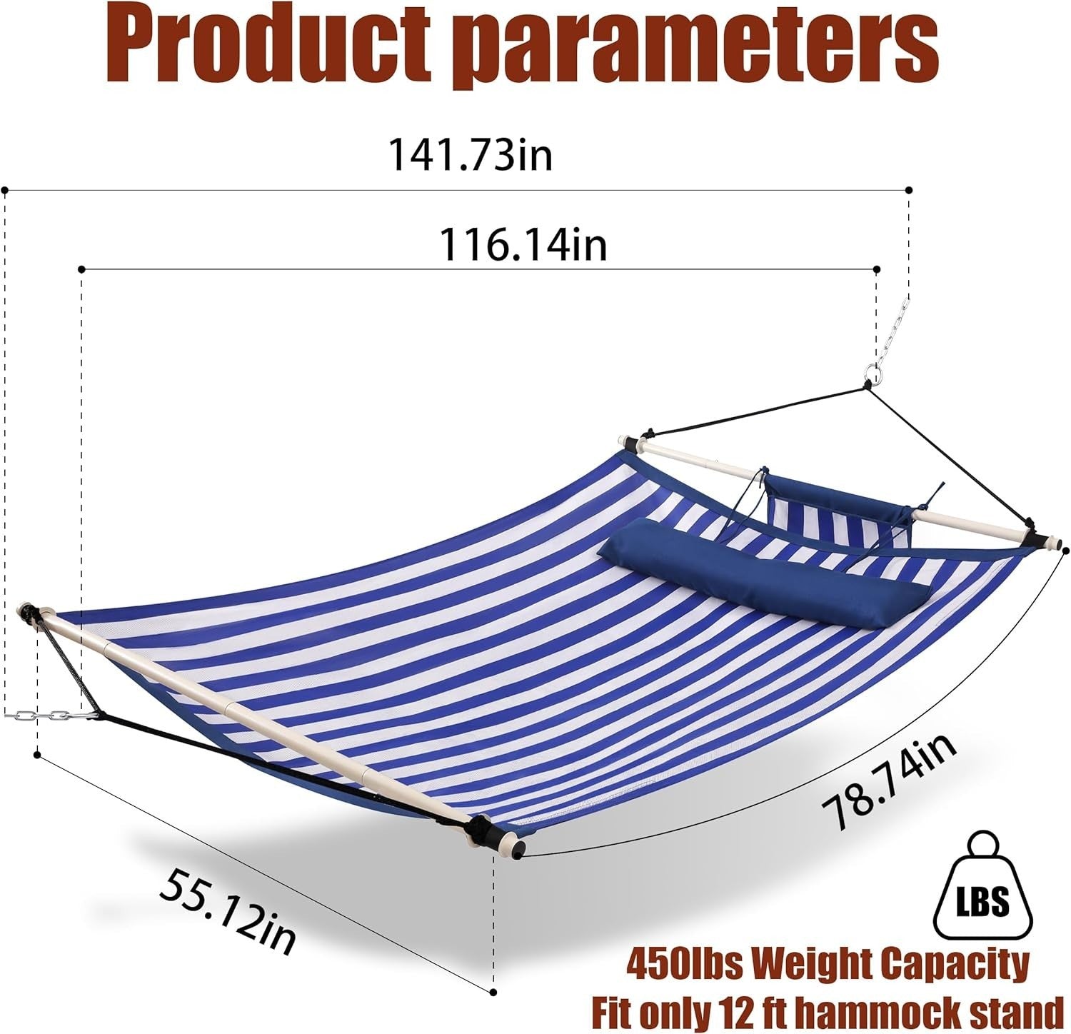 Anti-Flip 12FT Double Hammock 450LB Load with Iron Bars & Nylon Rope