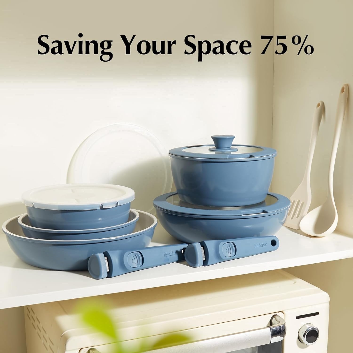 16pcs Blue Ceramic Cookware Set Non Stick Induction Safe Detachable Handle