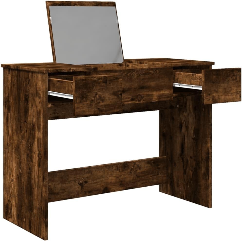 Modern Vanity Desk Smoked Oak Makeup Table Mirror Storage Wood Style