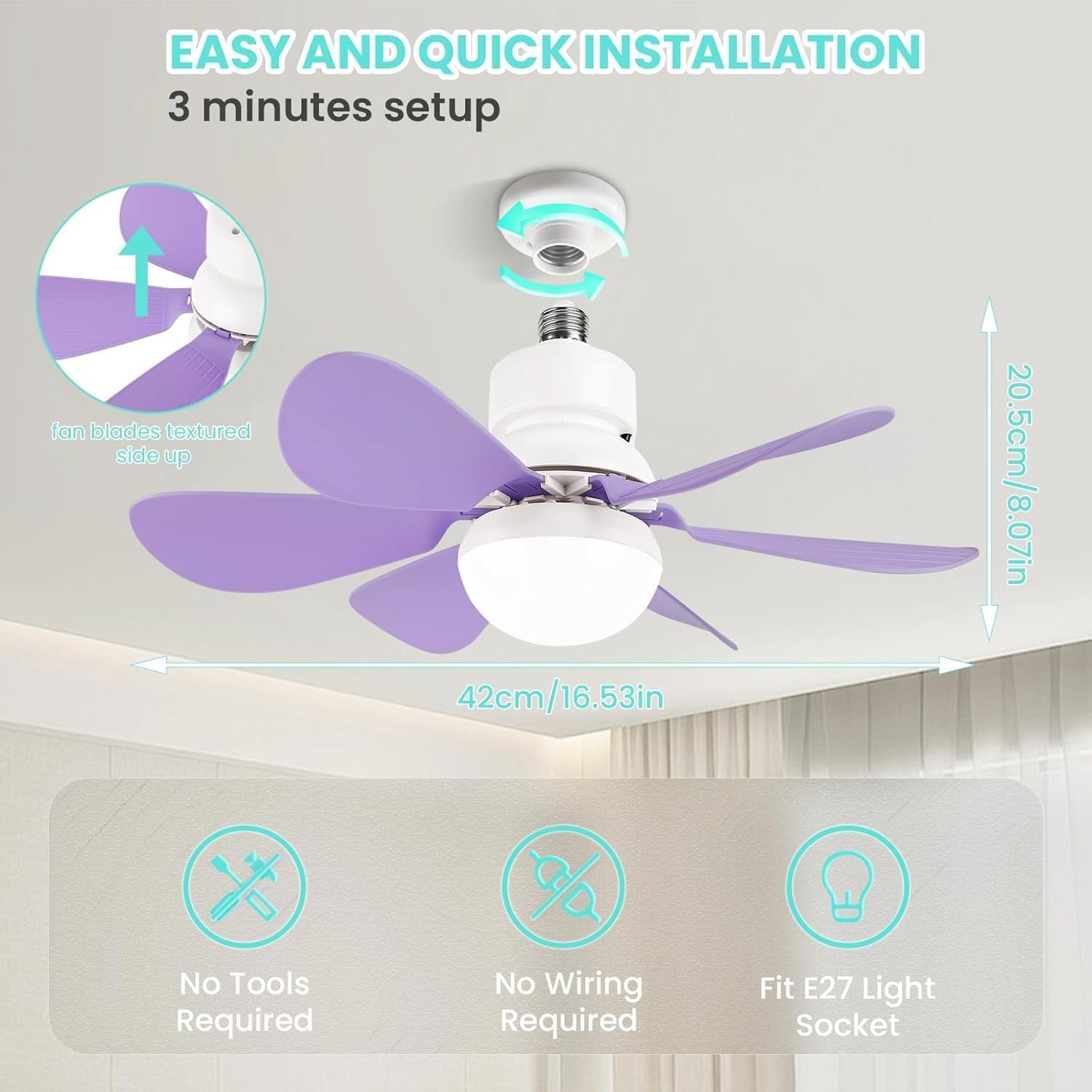 30W Ceiling Fan with Lights Dimmable 6 Blades 3 Colors 3 Speeds Purple