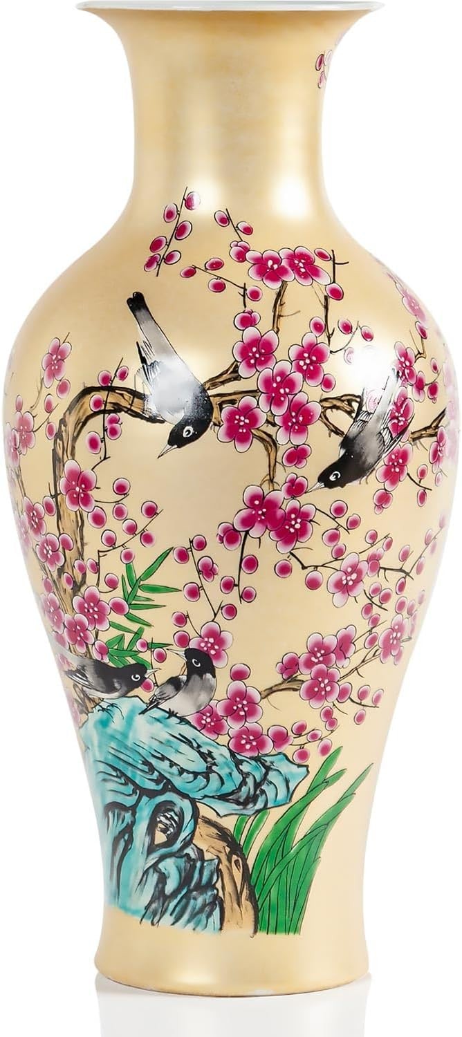 14 Inch Golden Ceramic Flower Vase Elegant Hand Painted Table Centerpiece