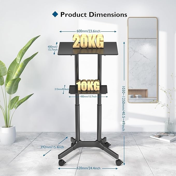 Adjustable Mobile Laptop Desk Rolling Standing Workstation Height Adjustable