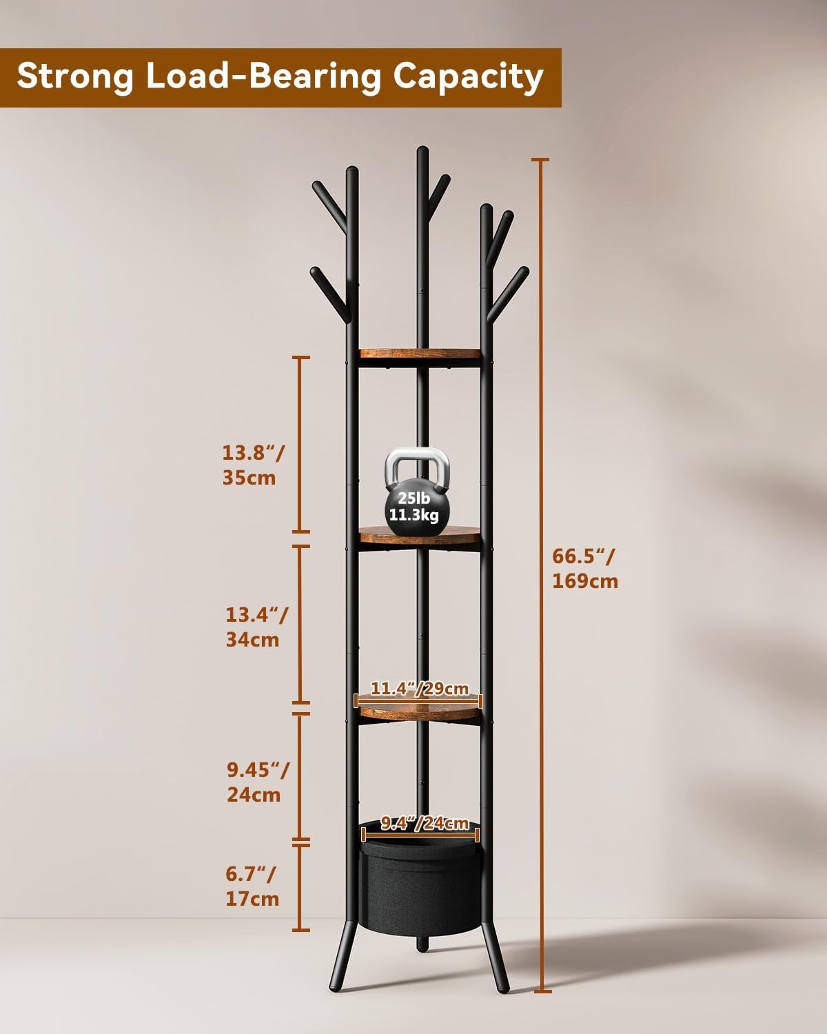 Rustic Brown Freestanding Coat Rack with Shelves | 169cm Hall Tree Stand