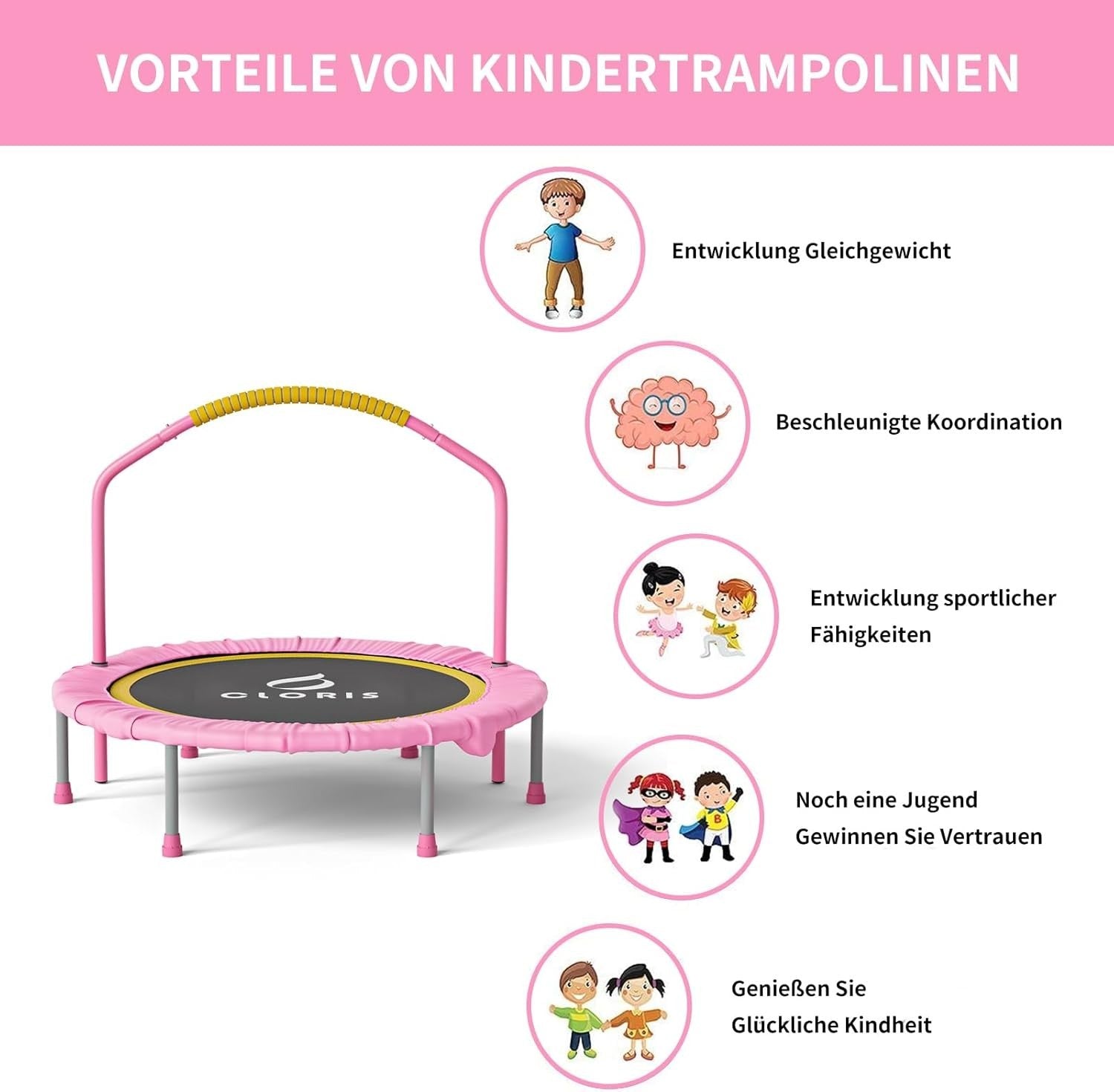 Compact 38in Exercise Rebounder Trampoline Adjustable Handle 220LB