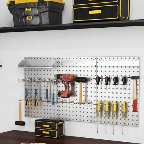Wall-Mounted Pegboard Tool Organizer Kit 3 Boards 28 Accessories Silver