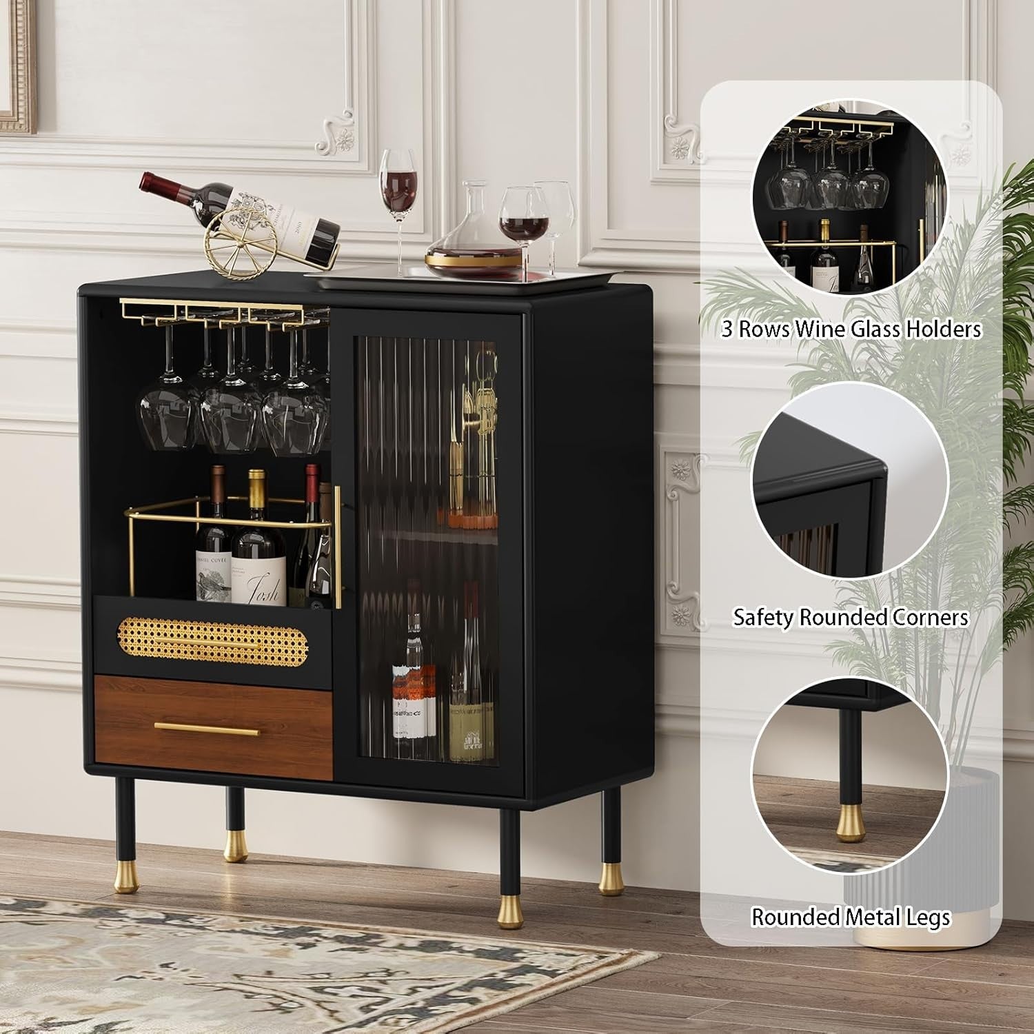 Modern Drinks Cabinet Black Sideboard Bar Unit with Wine Glass Rack & Drawers