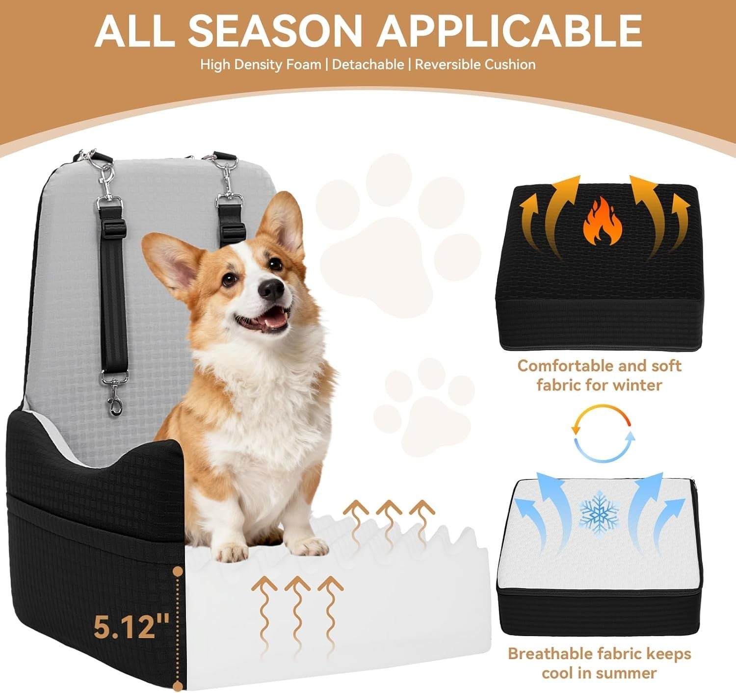Dog Booster Car Seat 5in Foam Washable Travel Bed Dual Tethers 35lbs
