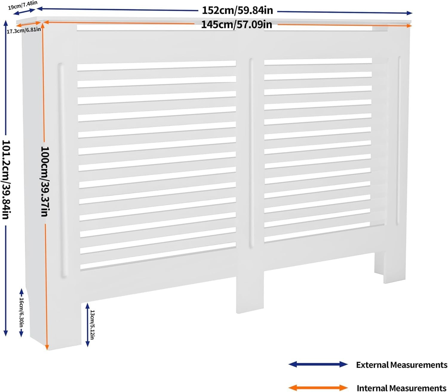 Large White Radiator Cover Cabinet 101cm Tall MDF Horizontal Slat Heater Cover