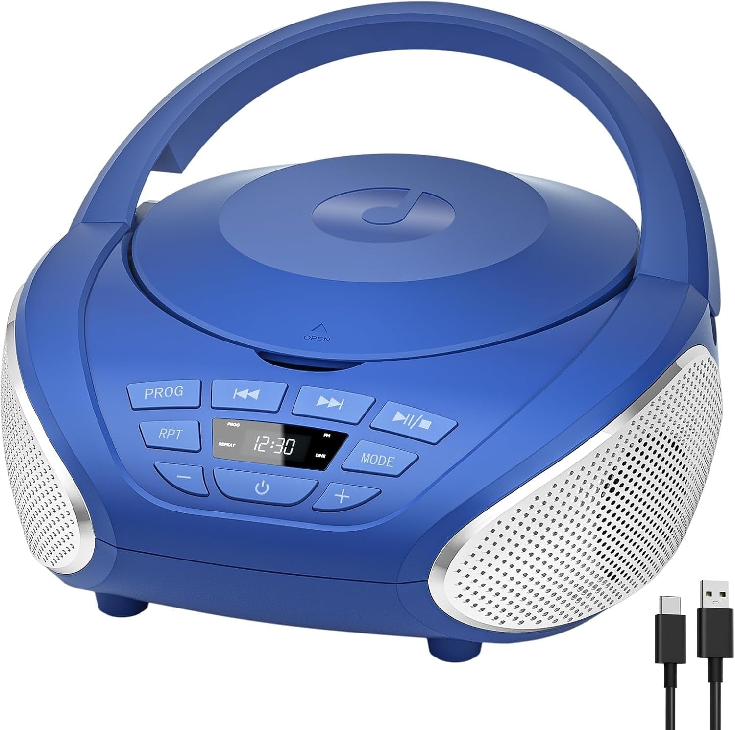 Portable CD Player Boombox Speakers FM Radio AUX Headphone Jack Blue