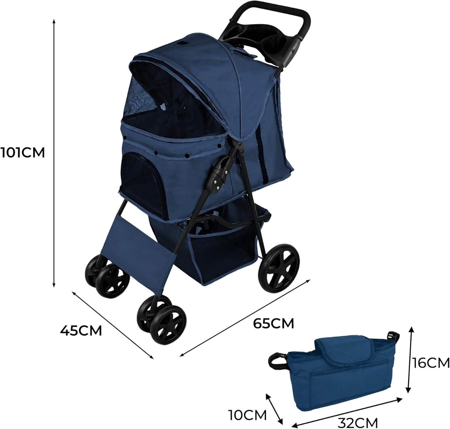 Blue Pet Stroller Pushchair with Caddy Bag Foldable 15kg Travel Pram