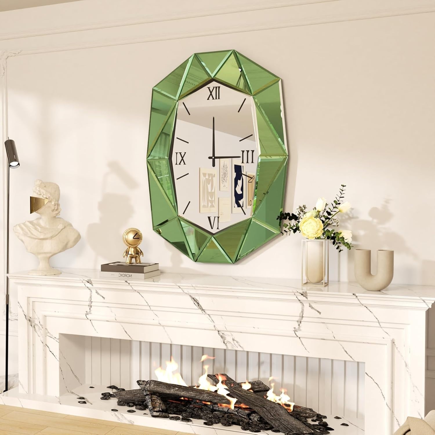 Beveled Glass Wall Clock Mirror 72x100cm Roman Numerals Silent Decor