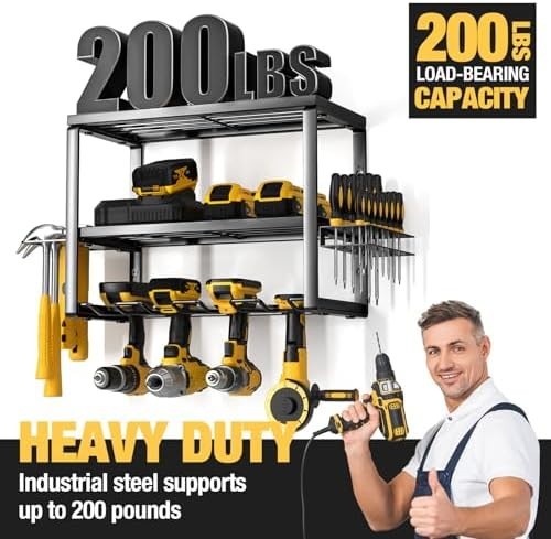 Heavy-Duty Wall Tool Rack 41.9x21x33cm 4-Slot Drill & Battery Organizer