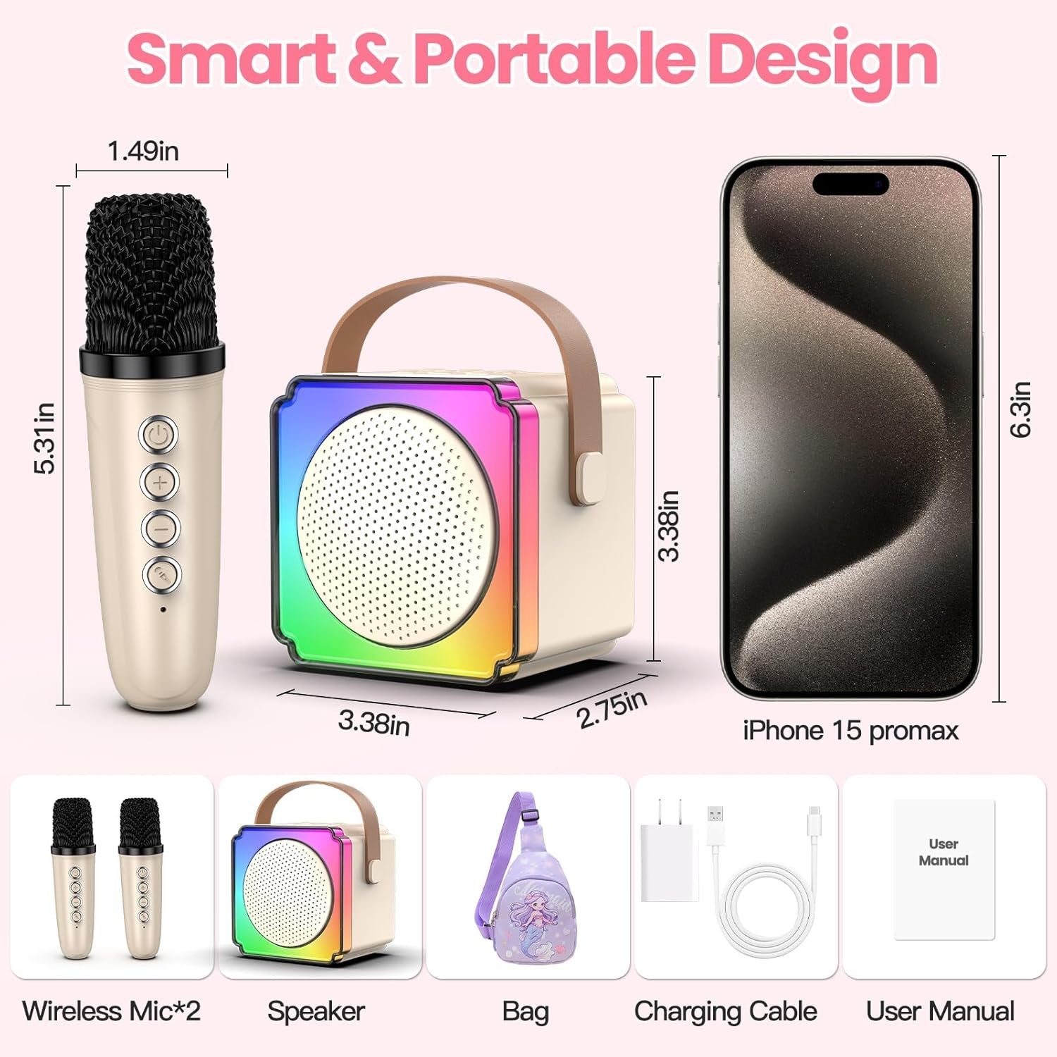 Cream Kids Karaoke Machine with 2 Mics LED Bluetooth Speaker