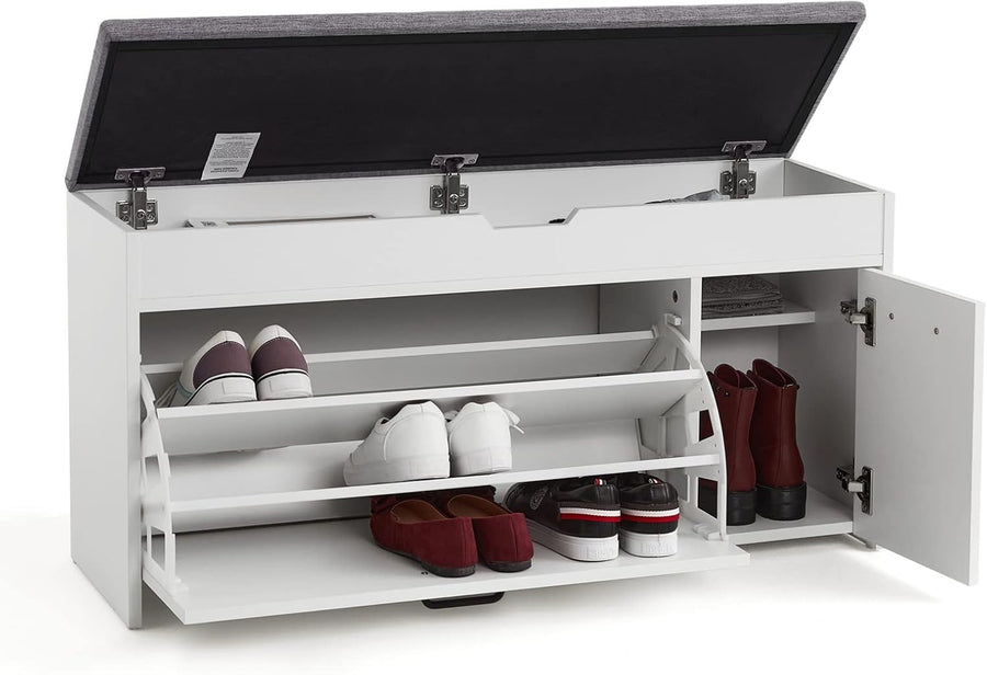 Modern Shoe Storage Bench Seat White Wood Flip Drawer Entryway Hallway Furniture
