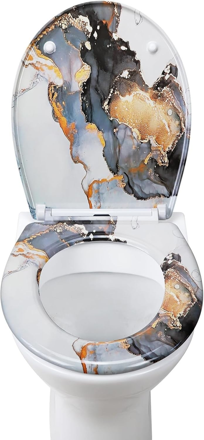 Marble Effect Toilet Seat Soft Close Duroplast Quick Release Top Fix 45x37cm