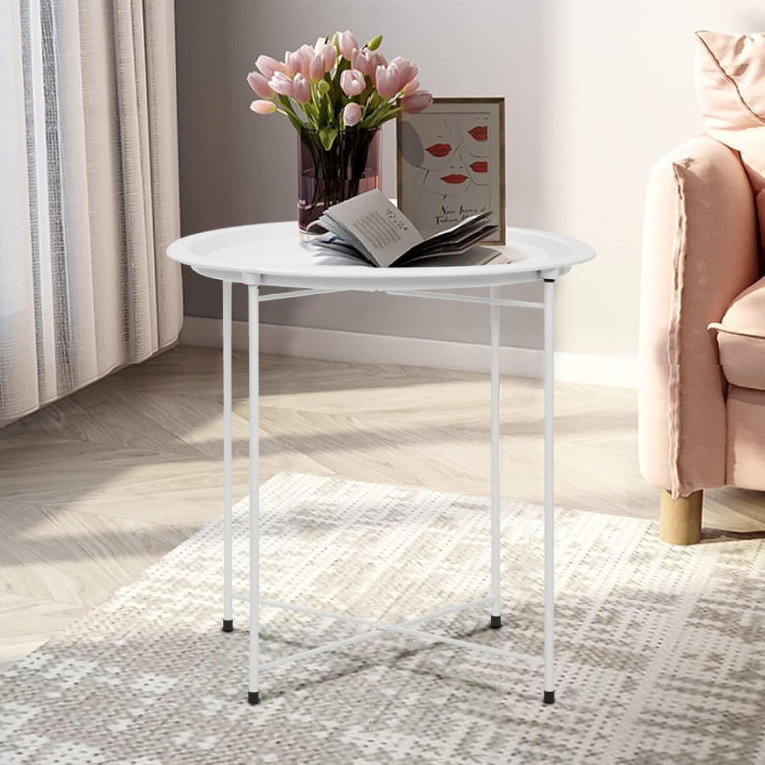 Round Tray Side Table with Removable Tray – 47x50cm Metal End Table