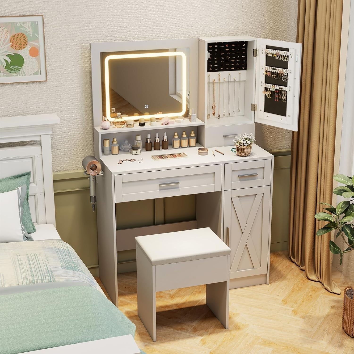 White Vanity Makeup Table Set with LED Lighted Mirror & Charging Station