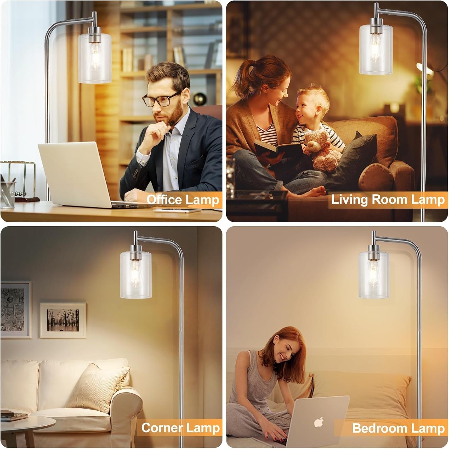 Tall Floor Lamp Nickel Clear Glass E27 LED Modern Industrial Corner Light