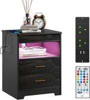 Modern LED Bedside Table with USB Charging, 2 Drawers + Shelf, Gloss Finish