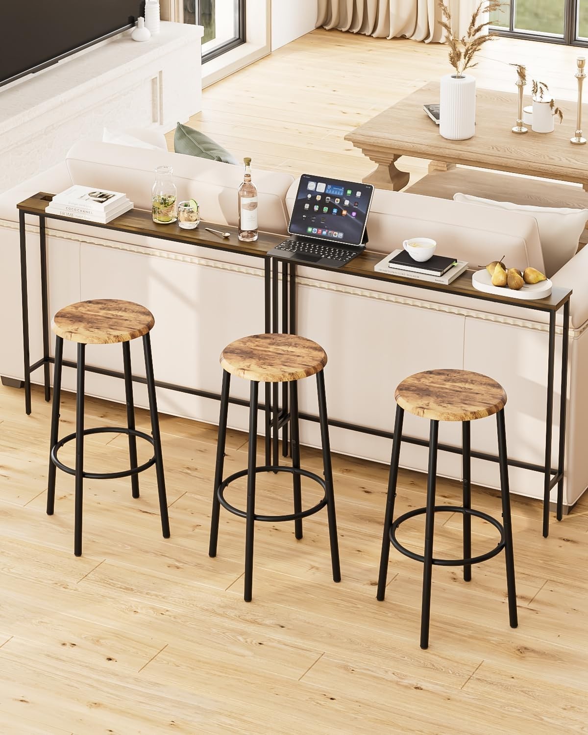 Set of 2 Rustic Brown Round Bar Stools Industrial Counter Footrest