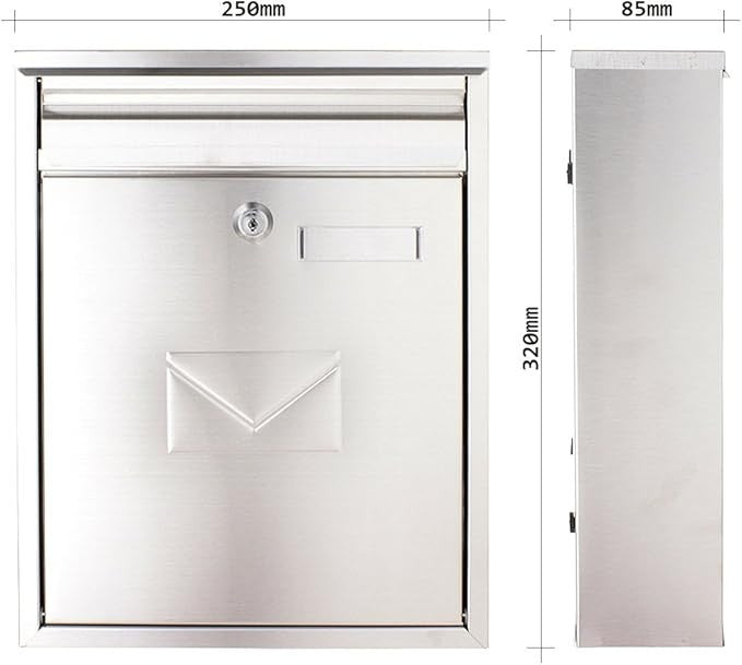 Lockable Stainless Steel Wall Mailbox Dual Slot Secure Post Box 320x250x85mm