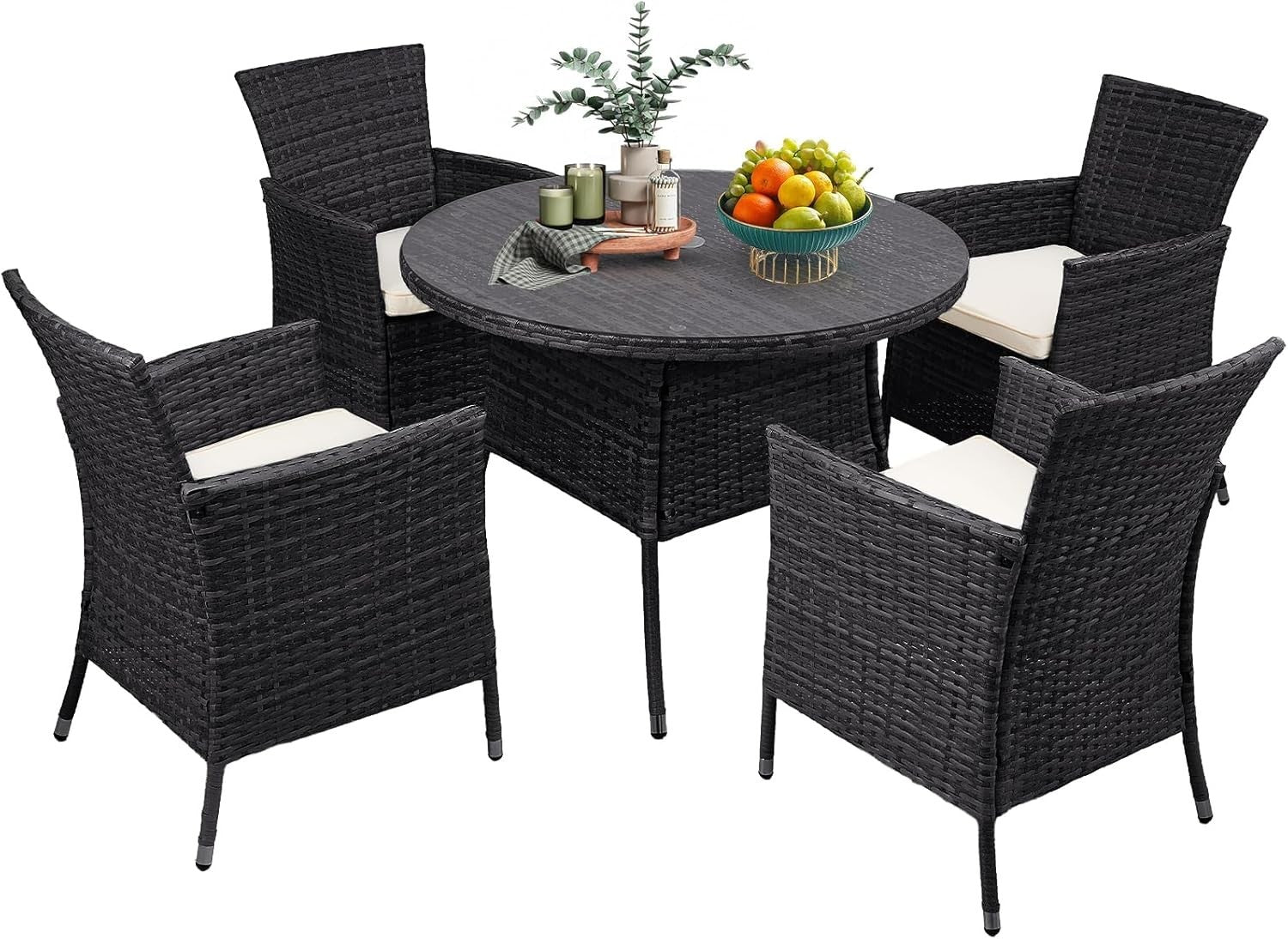 5pc Rattan Garden Dining Set with Cushions & 100cm Round Table Black