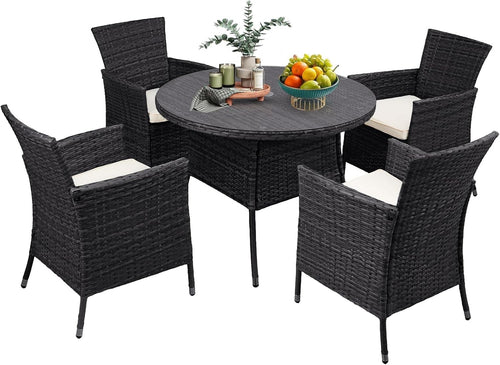 5pc Rattan Garden Dining Set with Cushions & 100cm Round Table Black