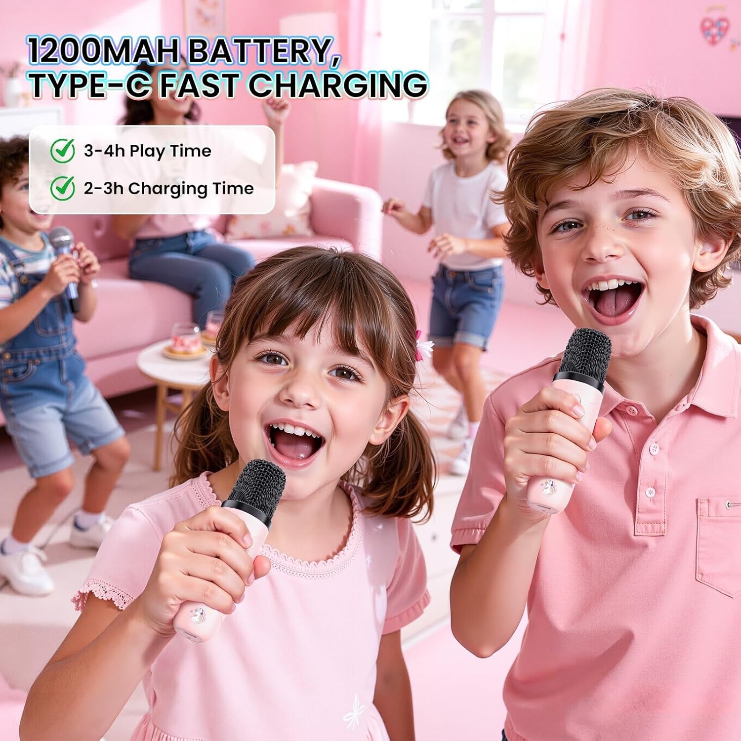 Mini Karaoke Machine Bluetooth 2 Wireless Mics LED Lights Kids Pink