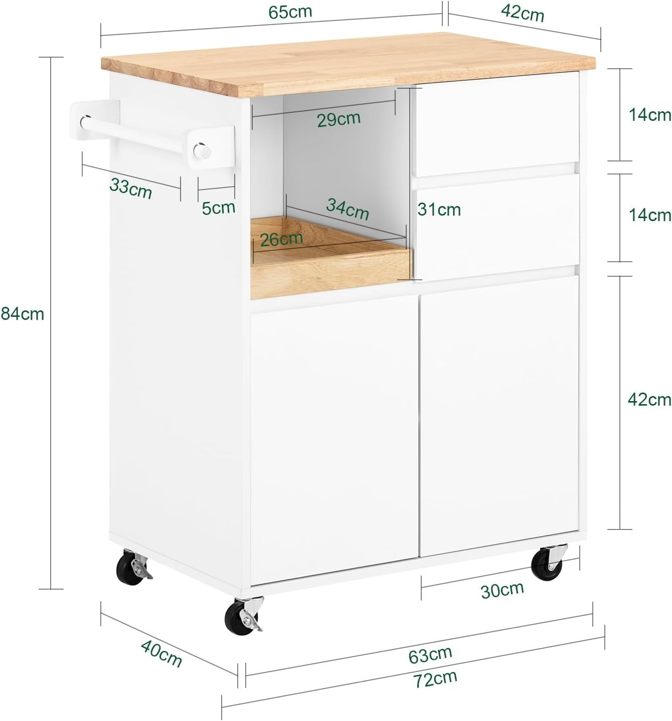 Kitchen Island on Wheels White Storage Trolley with Drawers Adjustable Shelves