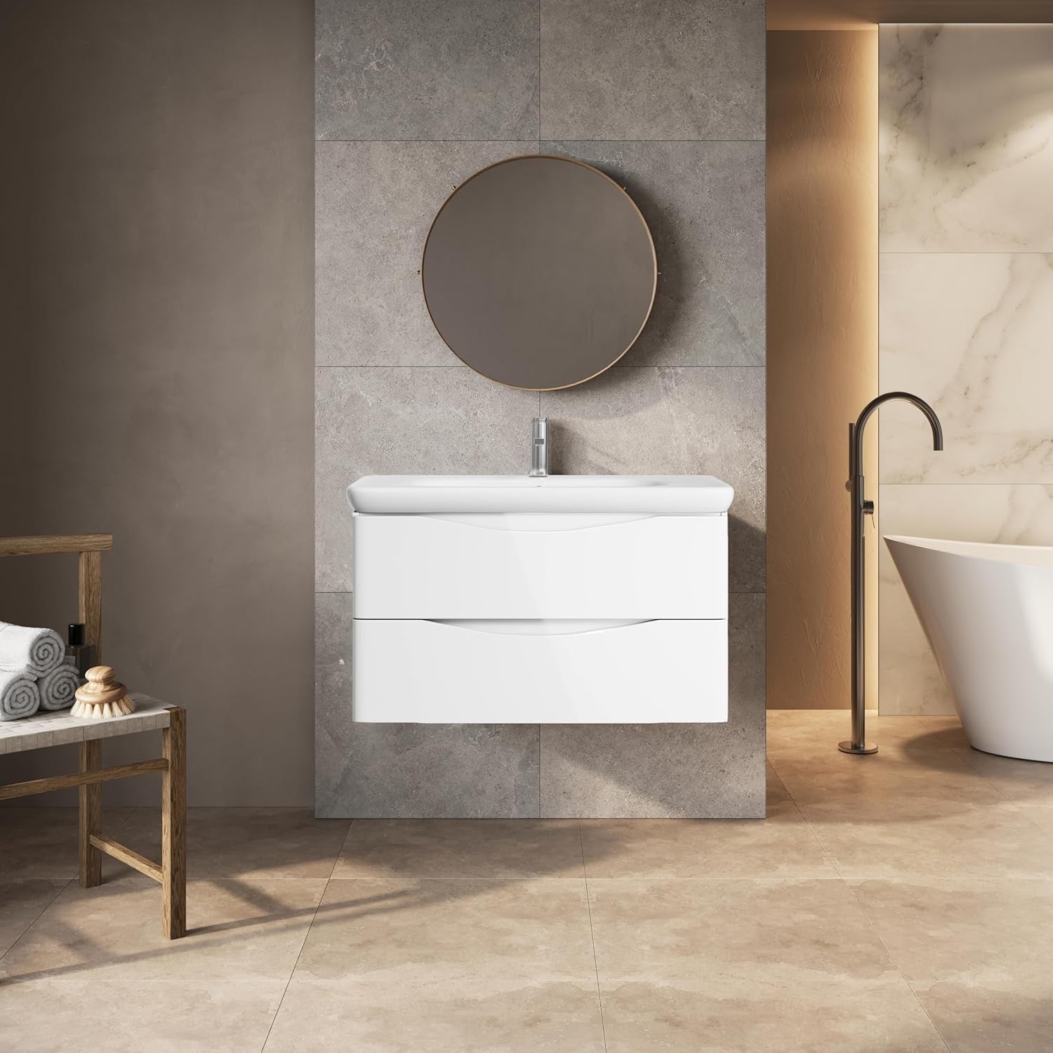 900mm White Wall Hung Vanity Unit with Basin Modern Gloss Bathroom Storage