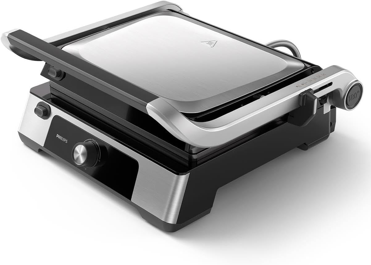2200W Contact Grill Non-Stick Plates Adjustable Temp & Height Flat Open