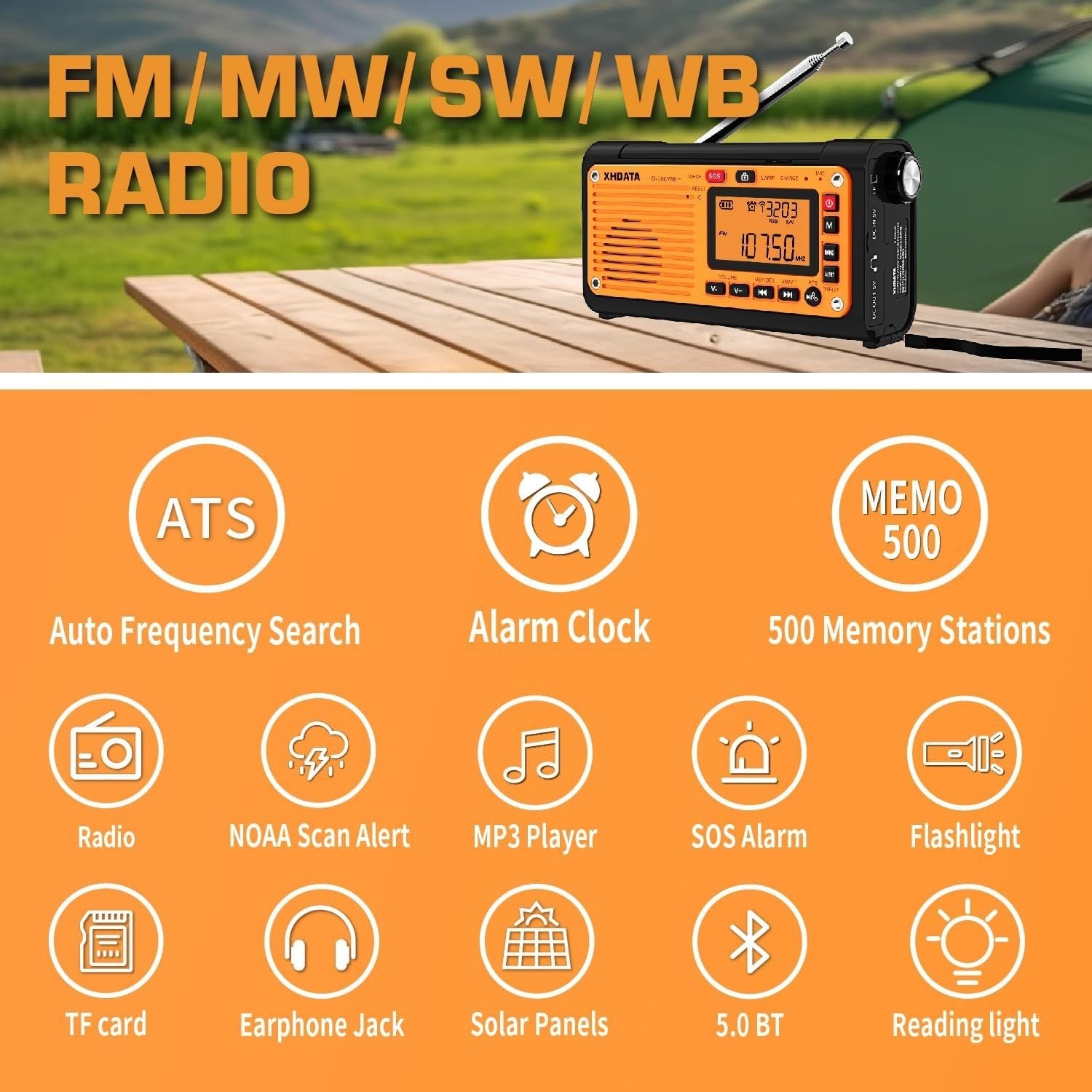 Emergency Solar Wind Up Radio FM/AM/SW Torch Bluetooth USB MP3