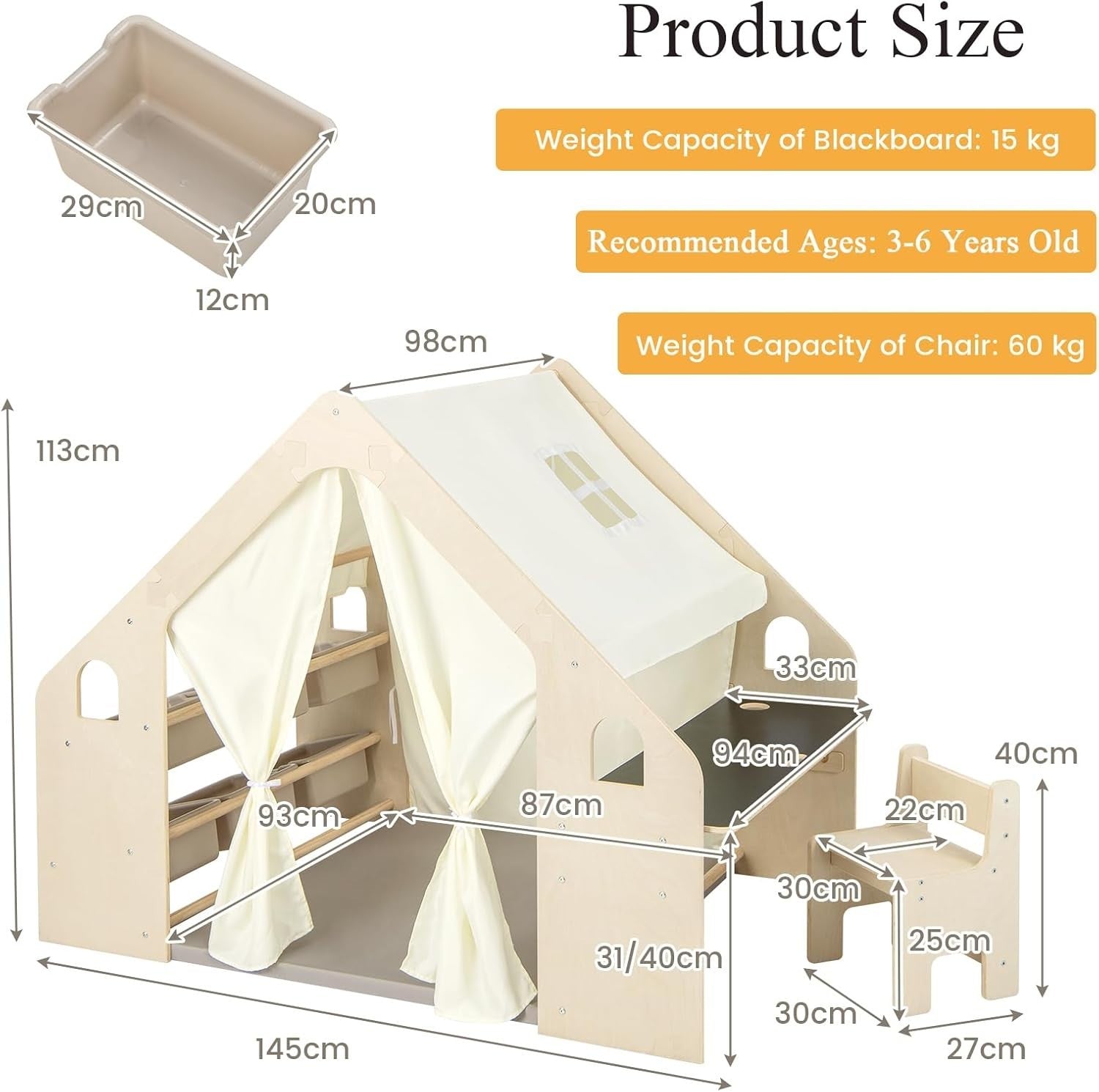 6 in 1 Kids Wooden Play Tent w Desk Chair Mat Blackboard Storage