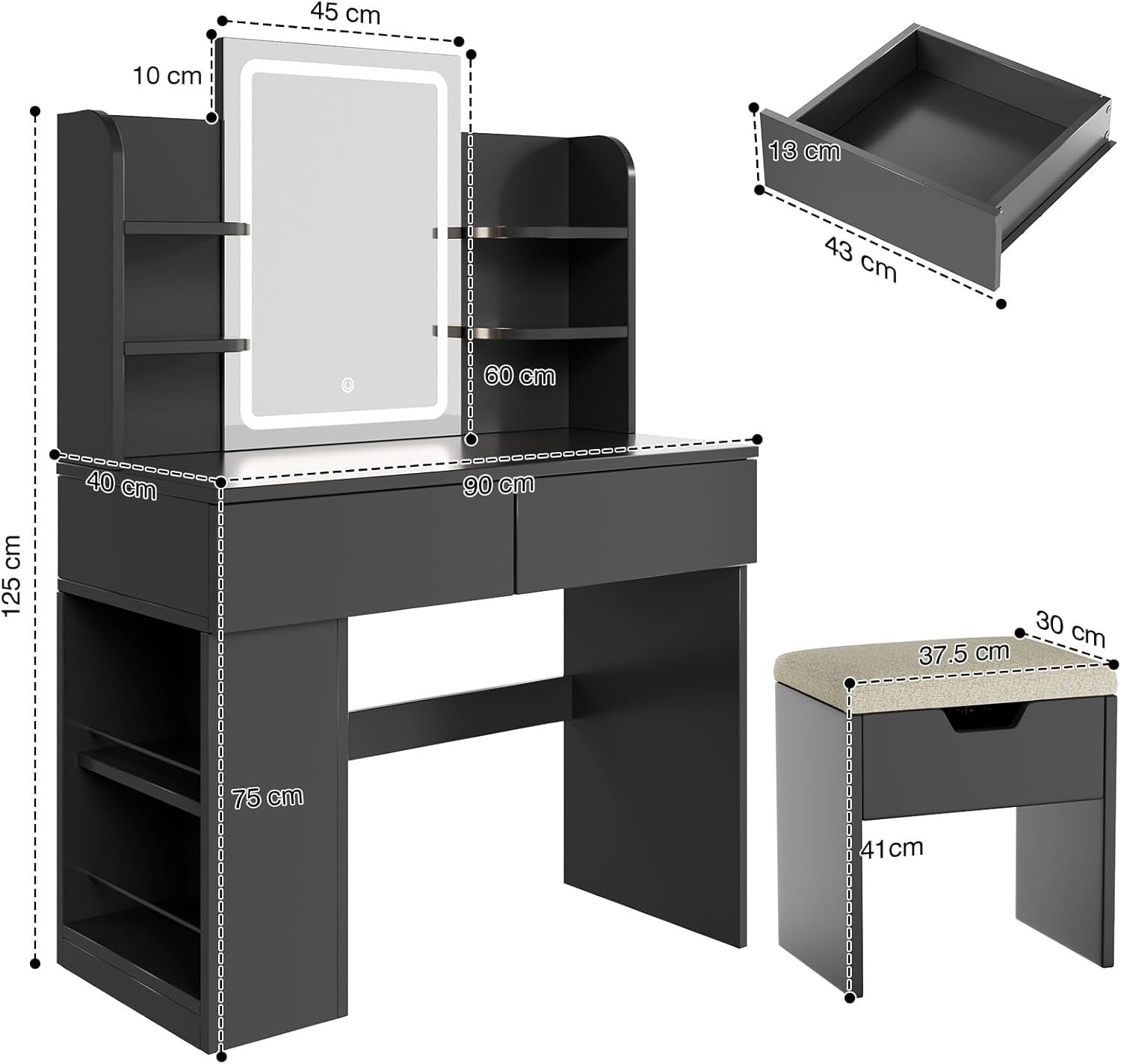 Modern Black Dressing Table Vanity LED Mirror Stool Storage Makeup Desk Wood