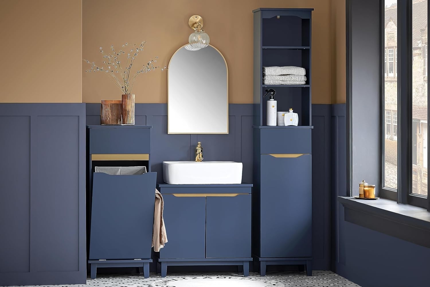 Slim Bathroom Laundry Cabinet with Fold Out Basket Drawer Storage Blue