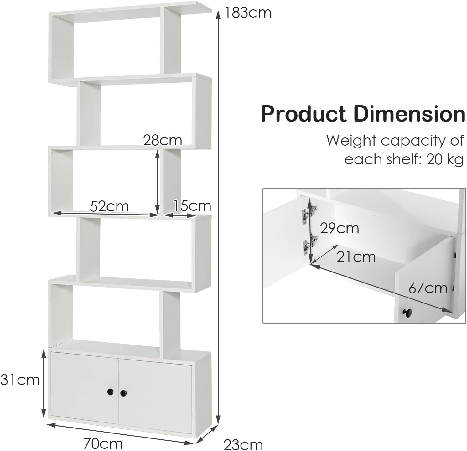White S-Shaped 6 Tier Bookcase Tall Freestanding Storage Shelf with Cabinet